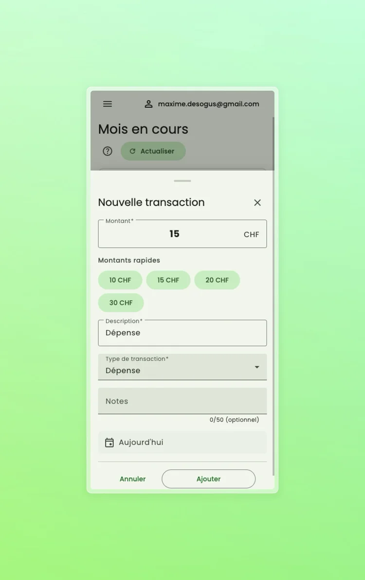Modal ajout de transaction